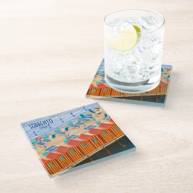 Amalfi Italy Beach Cabanas Vintage Travel Glass Coaster (Angled)