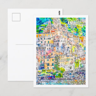 Amalfi Italy Famous Travel Watercolor Sketch Postcard