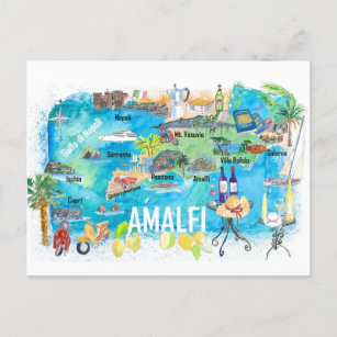 Amalfi Italy Illustrated Mediterranean Travel Map  Postcard