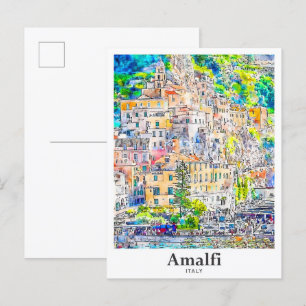 Amalfi Italy Travel Watercolor Hand Drawn Postcard