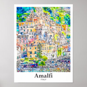 Amalfi Italy Travel Watercolor Hand Drawn Poster