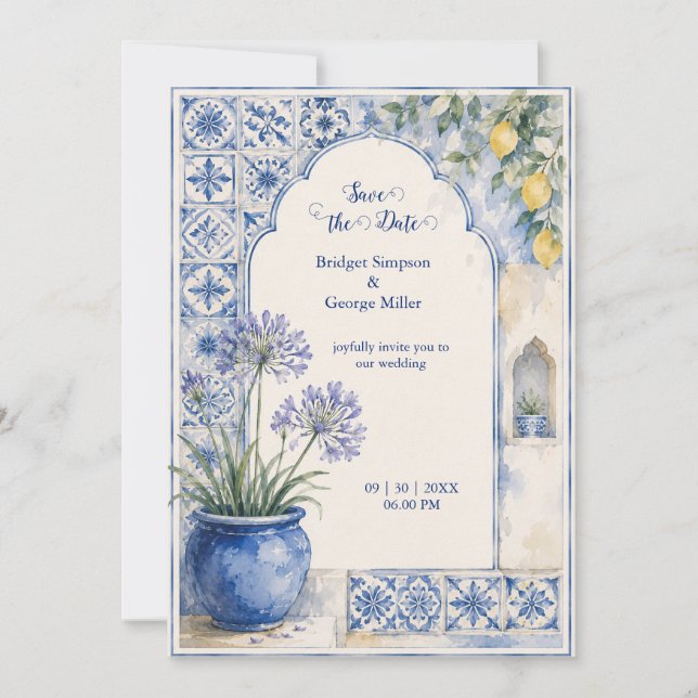 Amalfi Lemon Blue Tile Destination Wedding Invitation (Front)