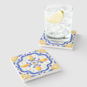 Amalfi Lemon Citrus Watercolor Mediterranean  Stone Coaster