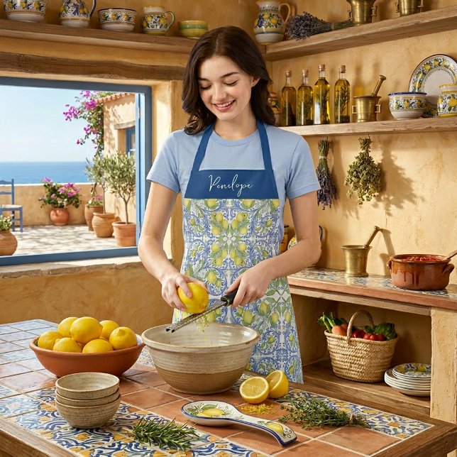 Amalfi Lemon Italian Blue TileAll-Over Print Apron (Amalfi Lemon Italian Blue TileAll-Over Print Apron)