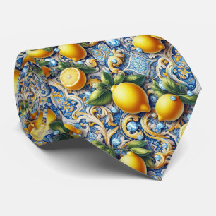 Amalfi Lemon Mediterranean Faux DIamonds Faux Silk Tie