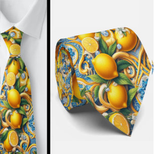 Amalfi Lemon Mediterranean Faux DIamonds Faux Silk Tie
