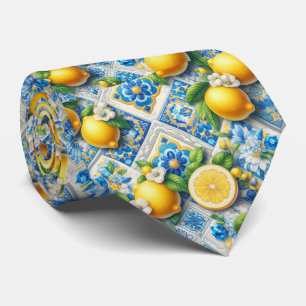 Amalfi Lemon Mediterranean Watercolor Faux Silk Tie