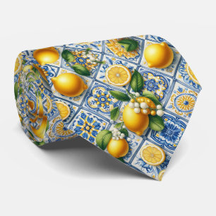 Amalfi Lemon Mediterranean Watercolor Faux Silk Tie