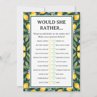 Amalfi Lemon Would She Rather Bridal Shower Game Invitation