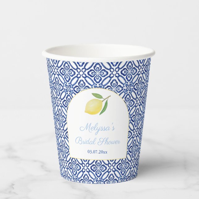 Amalfi Lemons Arch Shape Blue Tiles Bridal Shower Paper Cups (Front)