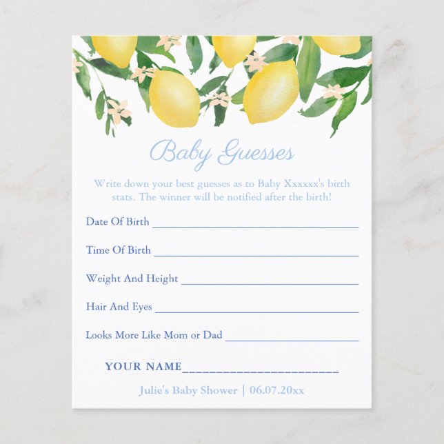 Amalfi Lemons Baby Predictions Shower Game Card (Front)