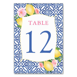 Amalfi Lemons Pink Flowers Blue Tiles Wedding Table Number