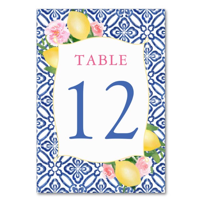 Amalfi Lemons Pink Flowers Blue Tiles Wedding Table Number (Front)