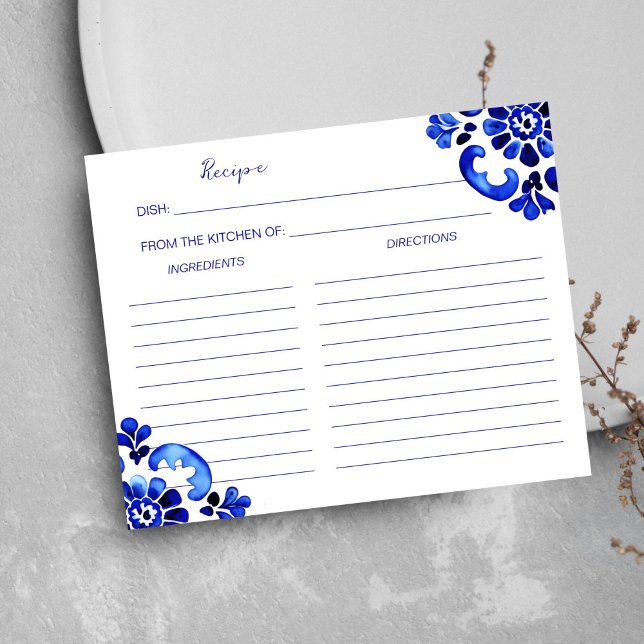 Amalfi Mediterranean Italian themed recipe card (Amalfi Mediterranean Italian themed recipe card Blue tiles themed Talavera Azulejo tiles)