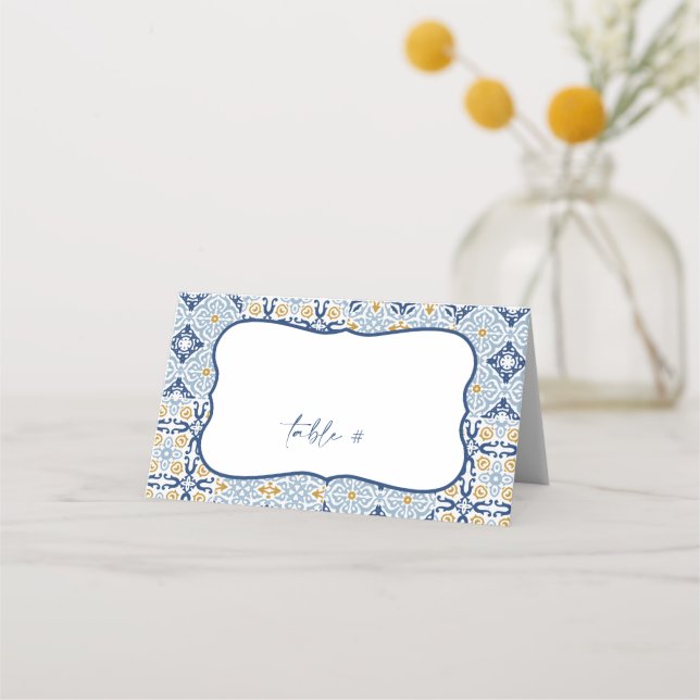 Amalfi Positano Summer Blue Tile Folded Place Card (Front)