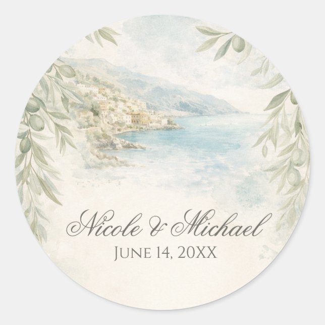 Amalfi Reverie — Mediterranean Coastal Wedding Classic Round Sticker (Front)