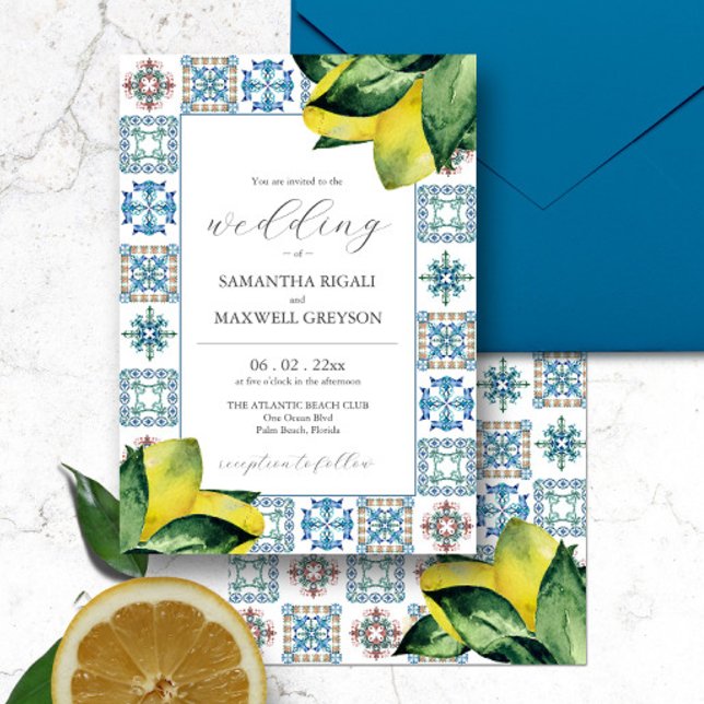 Amalfi Tile & Watercolor Lemon Wedding Invitations (Italian destination wedding Amalfi tile and watercolor lemon art by Victoria Grigaliunas )