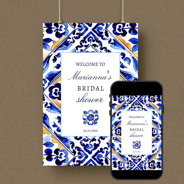 Amalfi Vietri blue tile bridal shower welcome sign (Amalfi Vietri blue tile bridal shower editable template welcome sign  digital download Mediterranean)