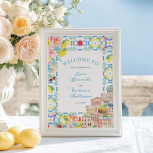 Amalfii Coast Blue Tiles Italian Wedding Welcome Poster
