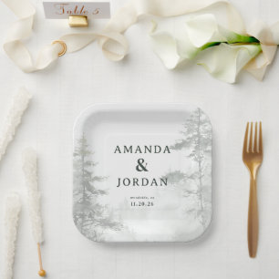 Amanda & Jordan Serene Misty Green Forest Paper Plate