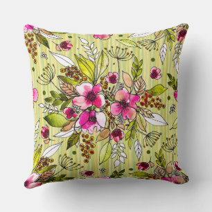 Amanda-Pink Floral on Yellow Green Stripes Cushion
