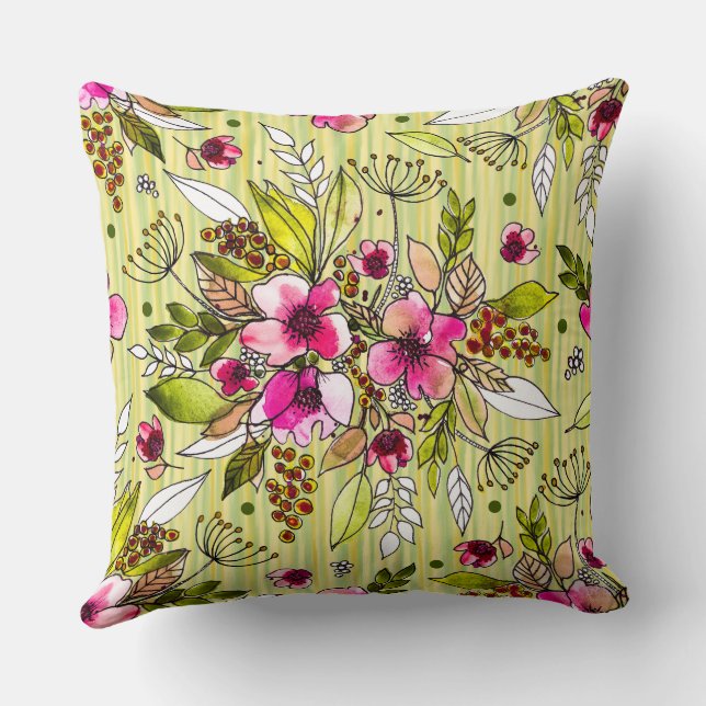Amanda-Pink Floral on Yellow Green Stripes Cushion (Back)