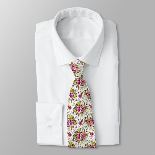 Amanda Sketched Watercolor Pink and Green Floral Tie (Tied)