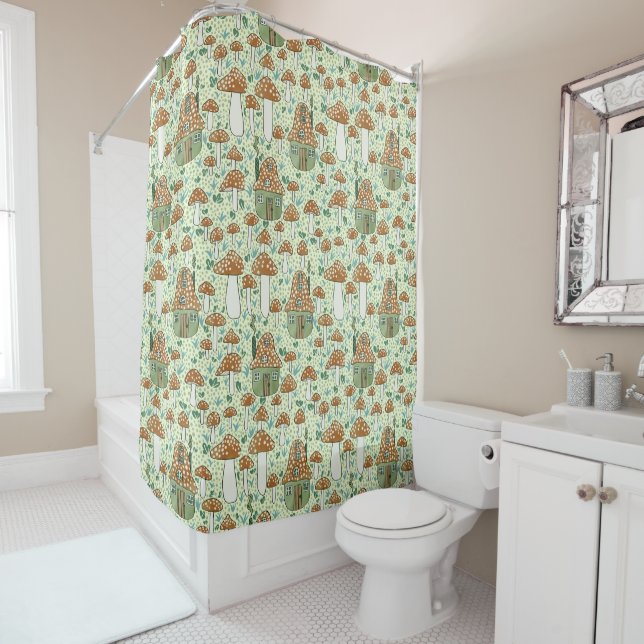Amanita Magical Mushroom Village Cute Illustration Shower Curtain (In Situ)