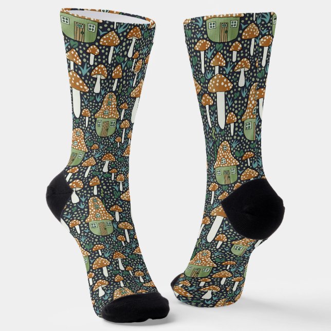 Amanita Magical Mushroom Village Cute Illustration Socks (Angled)