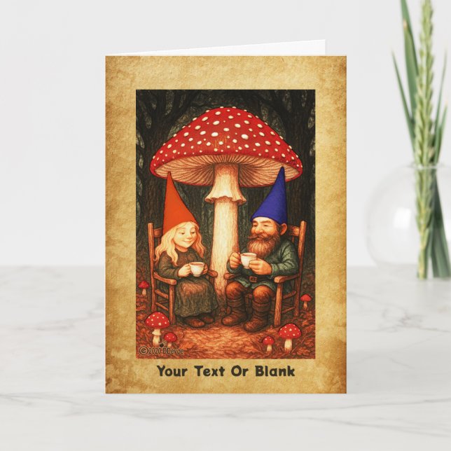 Amanita Mushroom and Gnomes Holiday Card (Front)