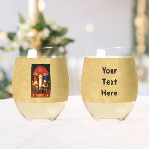 Amanita Mushroom and Gnomes Stemless Wine Glass