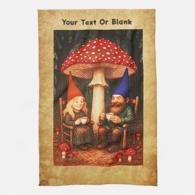 Amanita Mushroom and Gnomes Tea Towel (Vertical)