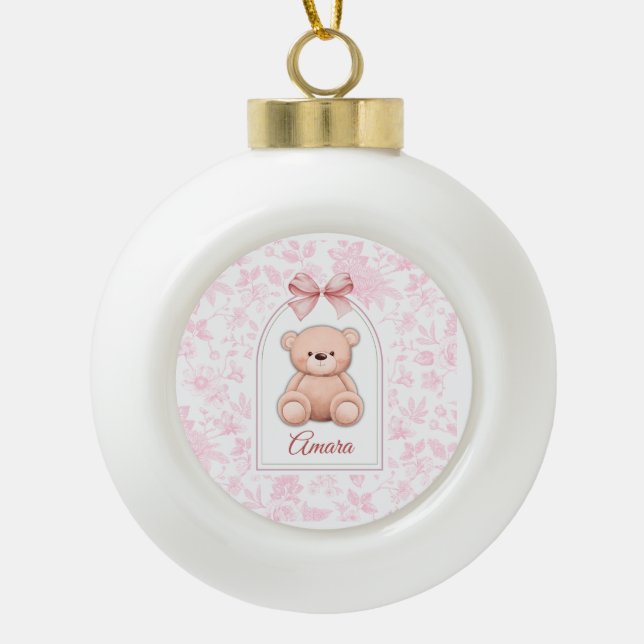 Amara | Custom Pink Teddy Bear Nursery Design  Ceramic Ball Christmas Ornament (Front)