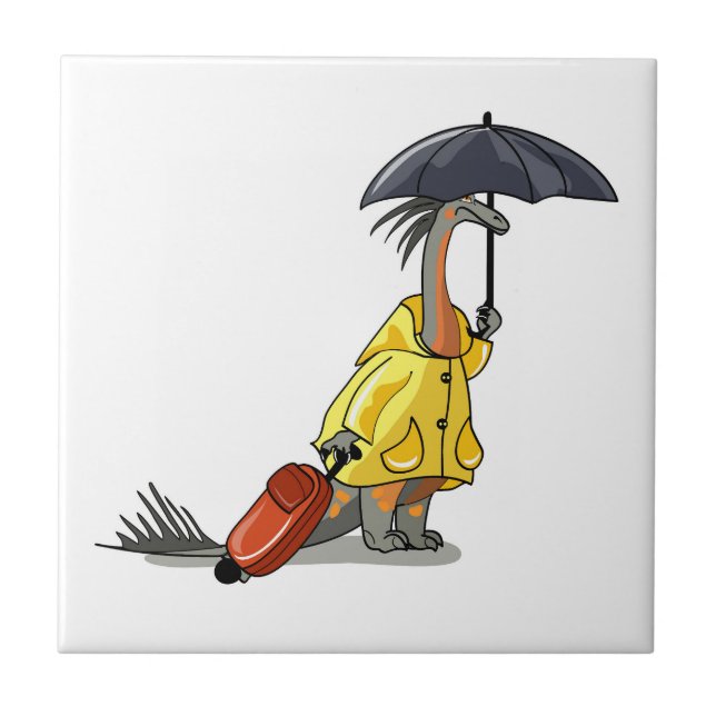 Amargasaurus Holding Umbrella And Suitcase. Ceramic Tile (Front)
