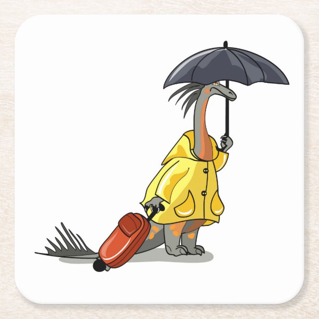 Amargasaurus Holding Umbrella And Suitcase. Square Paper Coaster (Front)