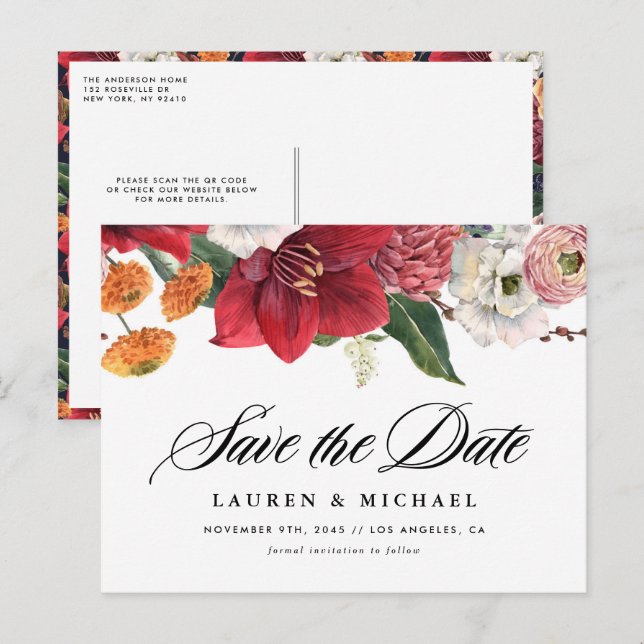 Amaryllis and Autumn Florals QR Code Save the Date Announcement Postcard (Front/Back)