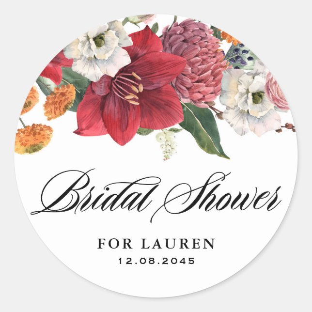 Amaryllis and Chrysanthemums Floral Bridal Shower Classic Round Sticker (Front)