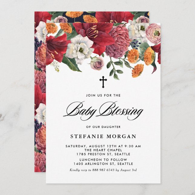 Amaryllis and Mums Botanical Baby Blessing Invitation (Front/Back)