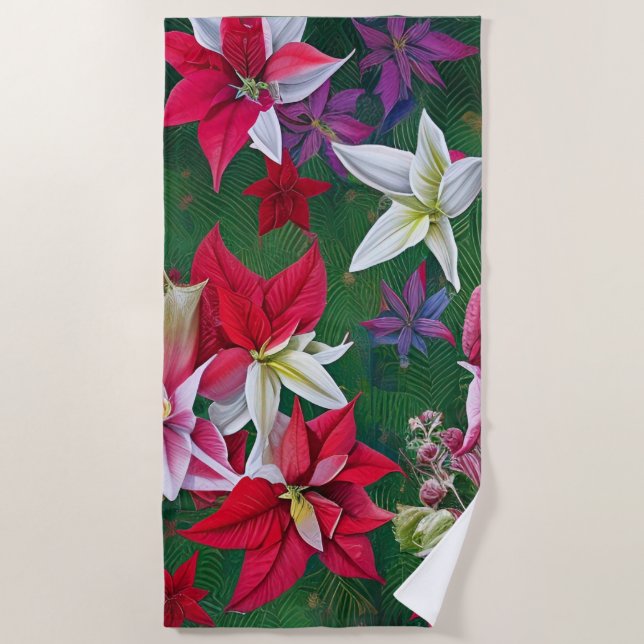 Amaryllis and Poinsettia Floral AI Art  Beach Towel (Front)
