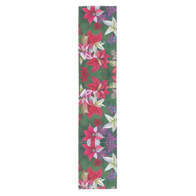 Amaryllis and Poinsettia Floral Christmas Short Table Runner (Front)