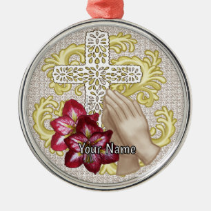 Amaryllis Christian Cross Metal Ornament