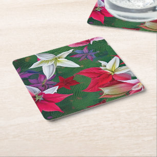 Amaryllis Flowers and pine Square Paper Coaster