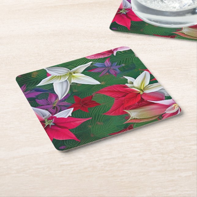 Amaryllis Flowers and pine  Square Paper Coaster (Angled)