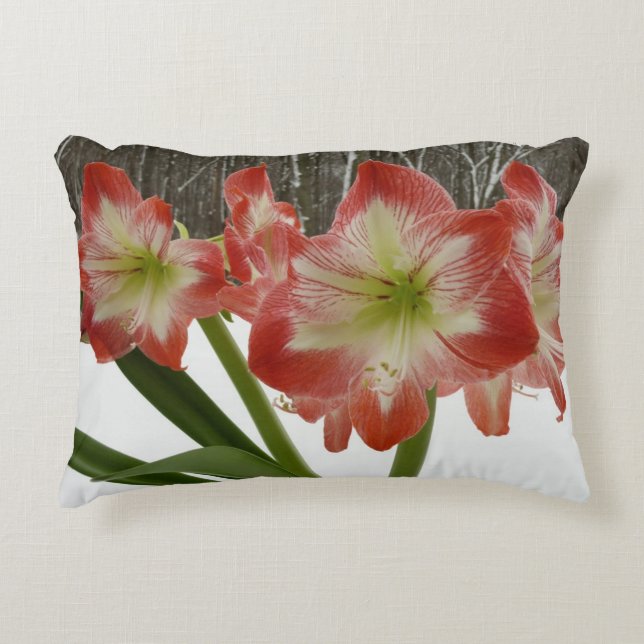 Amaryllis in Snow Red Holiday Winter Floral Decorative Cushion (Front)