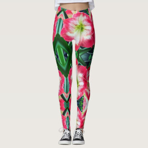 Amaryllis pink white colour gentle flower branch  leggings