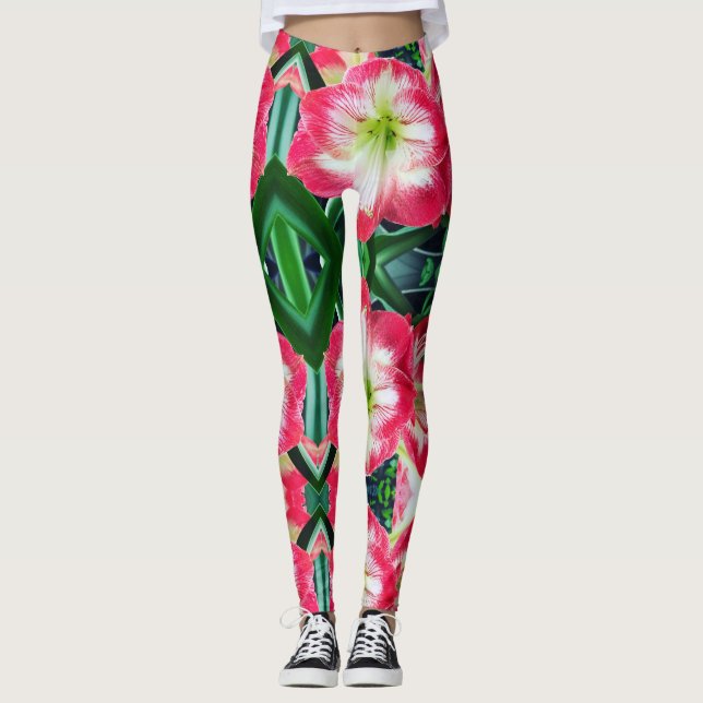 Amaryllis pink white colour gentle flower branch  leggings (Front)