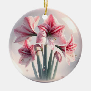 Amaryllis Pink White flowers Ceramic Ornament