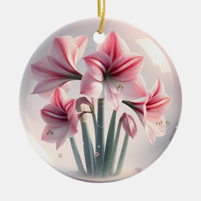 Amaryllis Pink White flowers Ceramic Ornament (Front)