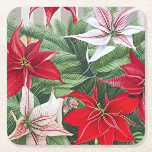 Amaryllis Poinsettia Hybrid AI Art Square Paper Coaster