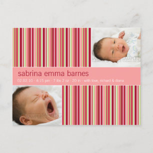 Amaryllis Stripes Pink • Baby Announcement Postcard